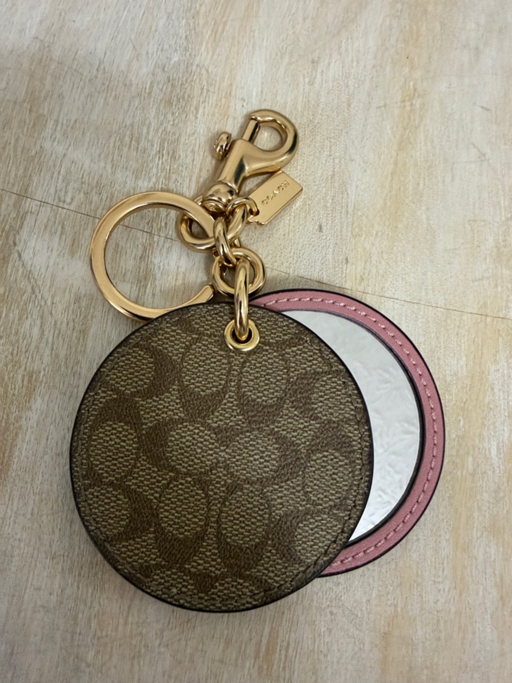 Coach Brown Signature Canvas & Pink Leather Round Keyring Mirror